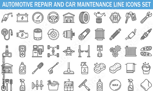 Automotive repair and car maintenance line icons set, garage tools spare parts cleaning service vector illustration isolated on white background