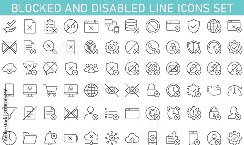 Blocked and disabled line icons set, security restriction symbols, access denied alerts, privacy protection, error warning outline collection