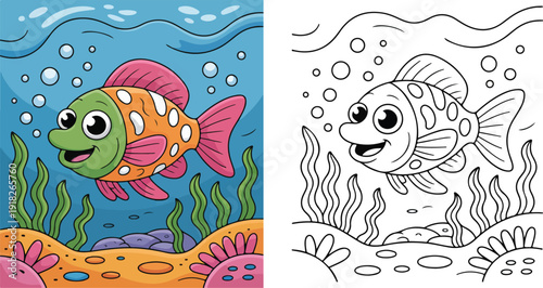 Colorful tropical fish swims happily among vibrant coral and seaweed in an underwater ocean scene