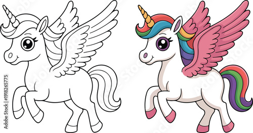 Magical winged unicorn with a colorful rainbow mane and tail stands in a charming playful pose