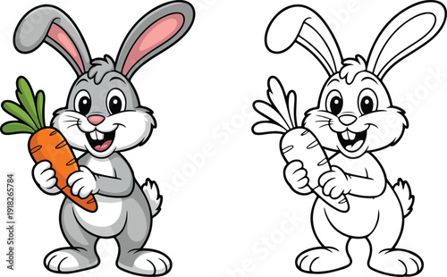 A cute drawing of a smiling rabbit clutching a big carrot, presented as line art and colored