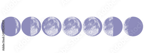 Moon phases. Hand drawn illustration in dot work style for stages of moon during the one month. Astronomy and astrology 