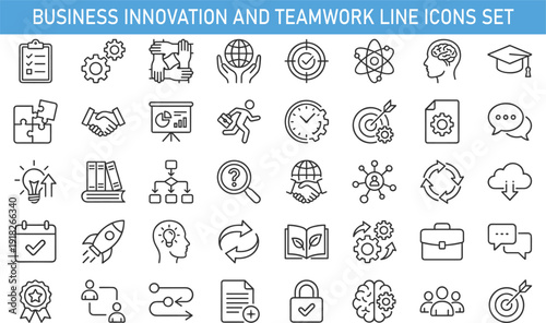 Business innovation and teamwork line icons set, startup strategy management productivity outline vector illustration collection for corporate marketing