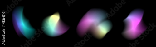 Gradient blur neon shape. Gradation abstract wave figure fluid dynamic effect black background. Fluid paint brush, aura, mesh blurry flow forms. Vector shape for modern gradient design