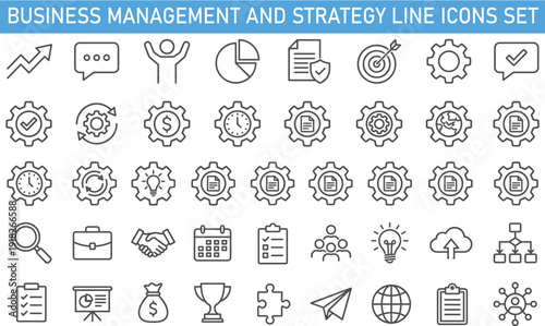 Business Management and Strategy Line Icons Set, Analytics Finance Workflow Target Marketing Corporate Vector Collection for Professional Design