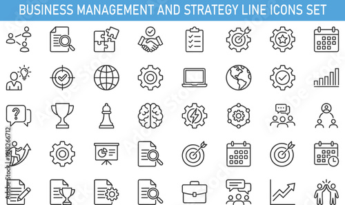 Business management and strategy line icons set, teamwork analytics productivity target planning vector illustration isolated on white background