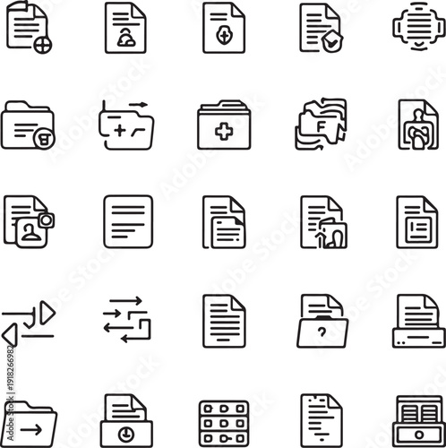 document icon set collection in outline style. an icon pack contain summary, file, paper, report, form, record, sheet, text,