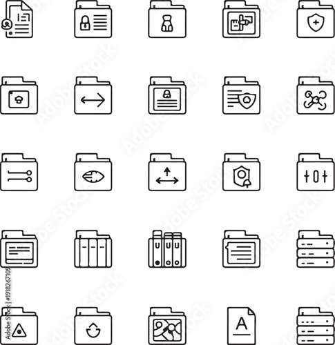 Line art folder icon set close up top view file box and binder symbols for digital interface minimal black outline collection