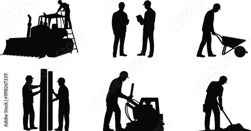 Construction worker silhouettes with machinery and wheelbarrow isolated on white background industrial building concept illustration