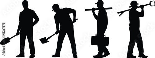 Construction worker silhouettes with shovel and toolbox isolated on white background industrial labor concept illustration