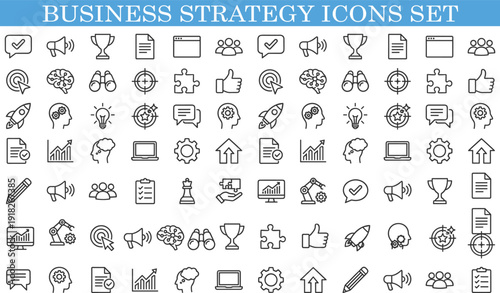 Business strategy icons set, management marketing productivity communication success analytics teamwork innovation outline symbols collection for web apps