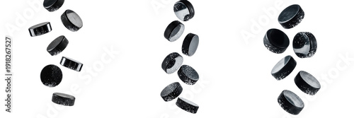 Photography Collection of Black Ice Hockey Pucks Falling and Floating Isolated on White