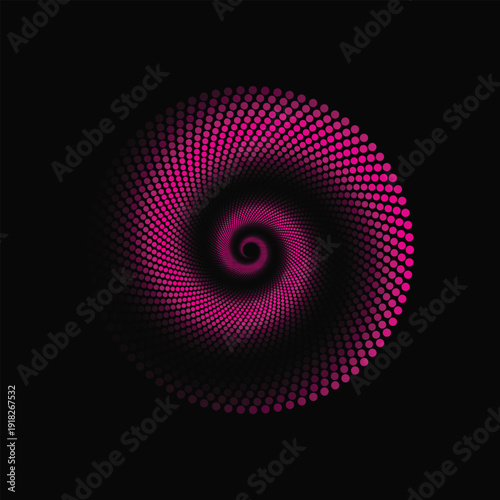 Abstract pink spiral halftone pattern on black background creates deep swirling vortex motion for decoration