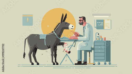 A man in a lab coat examines a donkey with a bandaged leg at a table