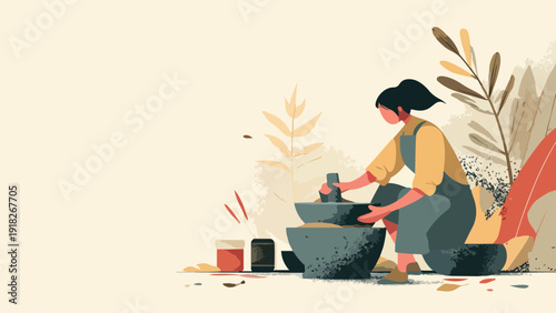 A person is grinding ingredients in a mortar and pestle surrounded by plants