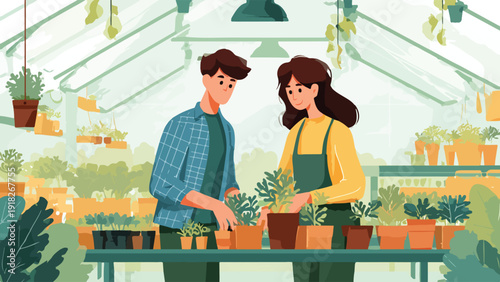 Two people tending to plants inside a bright greenhouse
