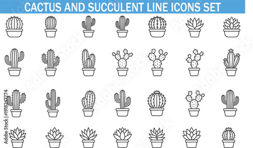 Cactus and Succulent Line Icons Set, Potted Desert Plants Collection, Botanical Vector Illustration for Home Decor Design