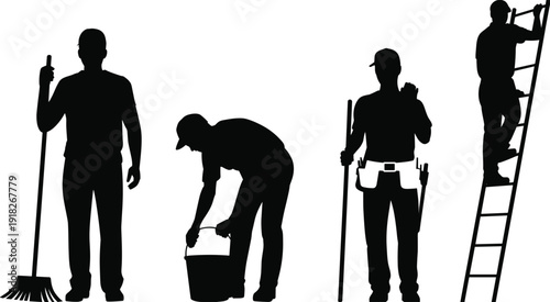 Construction worker silhouettes cleaning, carrying bucket and climbing ladder isolated on white background industrial labor concept illustration