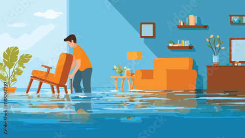 Man wading through a flooded living room, salvaging furniture amidst the water damage