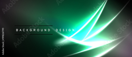 Dark green background features bright neon lines. Abstract design evokes energy, movement, modern aesthetic. Simple text labels bottom center.