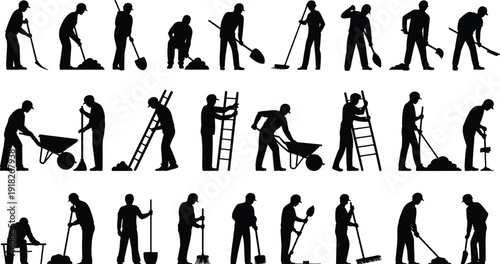 Construction worker silhouettes collection digging, cleaning and ladder work isolated on white background industrial labor set illustration