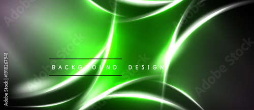 Abstract neon lines create dynamic green background. Smooth curves, bright glow, modern design elements present.