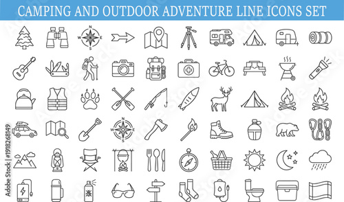 Camping and outdoor adventure line icons set, travel hiking equipment nature exploration vector collection isolated on white