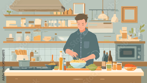 A person preparing food in a well-stocked kitchen with shelves full of ingredients and appliances