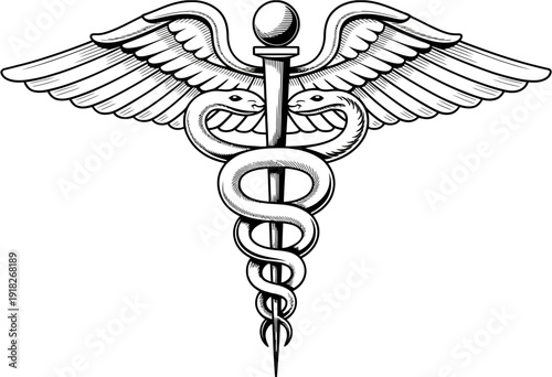 caduceus medical symbol illustration with staff, wings, and snakes for healthcare and medicine vector design, pharmacy, hospital, and professional doctor services.