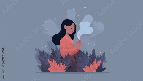 Person meditating amidst surreal smoky plants and ethereal lights