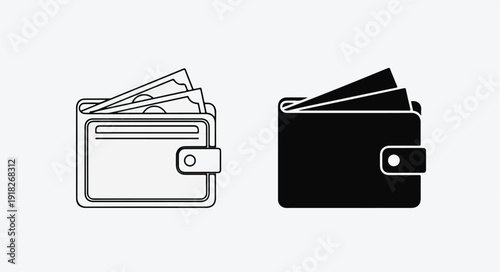 Two wallets, one outlined and one filled with cards in black on a white background.