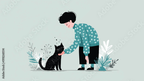 A person pets a black cat amongst stylized plants on a muted background