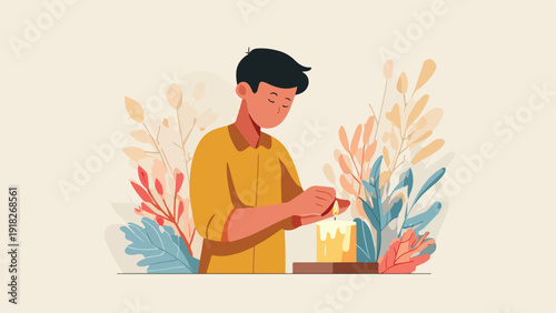 Person lighting a candle amidst abstract floral foliage in muted pastel tones