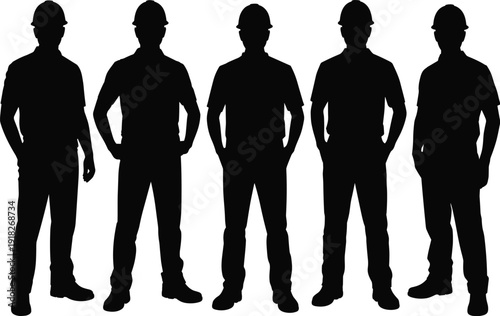 Construction worker silhouettes standing in front view isolated on white background industrial labor team concept illustration
