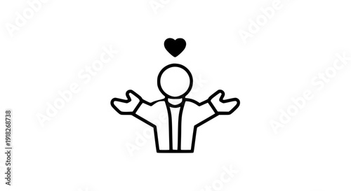 Open arms person with heart icon on white background