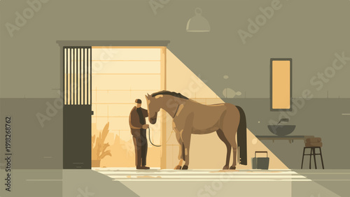 Person with horse in a stable, sunlight streaming through open doors