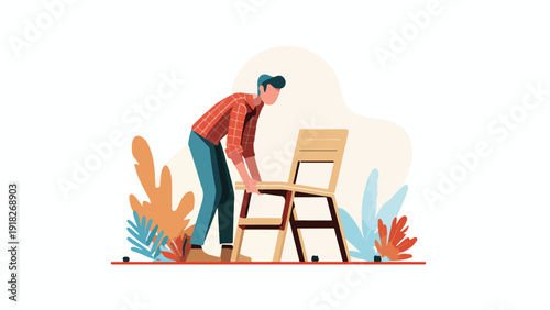Flat illustration of a person rearranging furniture, surrounded by stylized plants