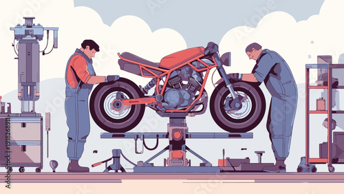 Two mechanics in overalls work on a red motorcycle lifted on a stand in a workshop