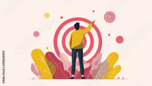 A person in a yellow jacket points at a bullseye with colorful plants in the foreground