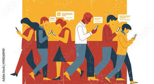 Busy pedestrians engrossed in smartphones with social media notifications in retro style