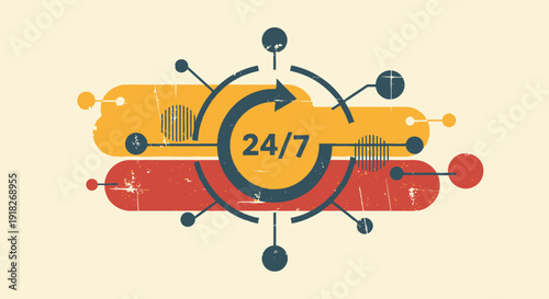 Retro grunge style 24/7 concept with arrows and abstract circles