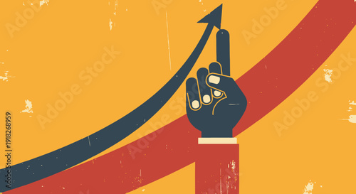 Retro style business growth concept with upward arrow and hand gesture