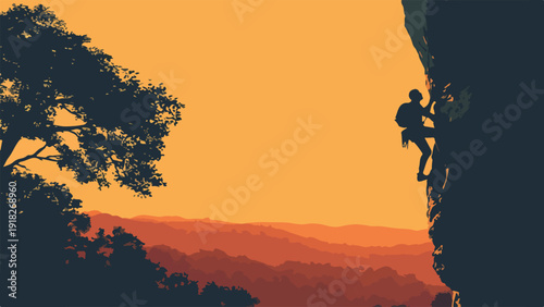 Silhouette of a rock climber ascending a sheer cliff face against a vibrant orange sky