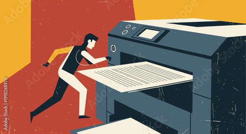 Retro style printing process with large printer and worker in action