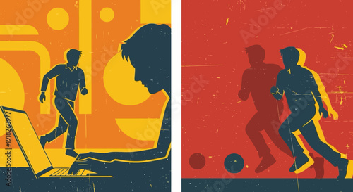 Retro style dual scene: man working on laptop and playing soccer