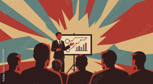 Business leader presenting growth strategy in retro style with graphs and charts