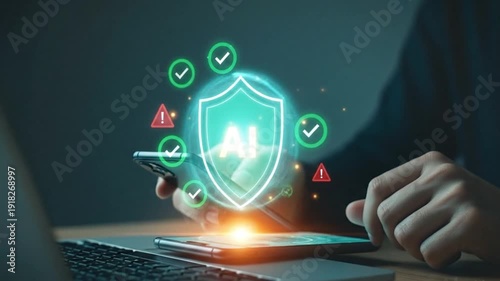 Smartphone with Holographic AI Shield – Cybersecurity and Artificial Intelligence Protection Concept, internet concept of internet security