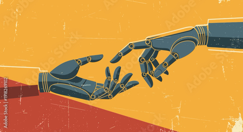 Modern robotics: human and robot hands in vintage style connection