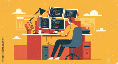 Home office coding setup with multiple screens in flat style