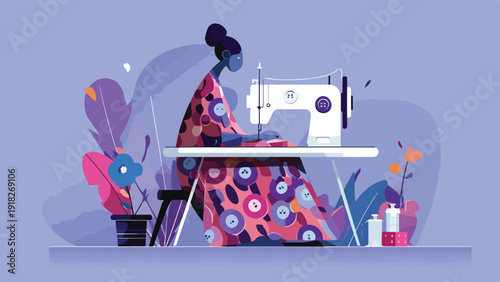 Stylized illustration of a person sewing with a vintage machine surrounded by abstract plants